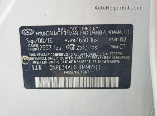 5NPE34AB6HH496103 2017 HYUNDAI SONATA White Շարժիչի բաժամունքի տեսք