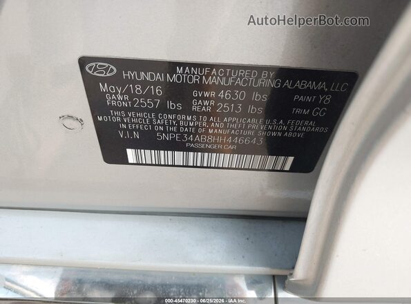 5NPE34AB8HH446643 2017 HYUNDAI SONATA Silver Widok komory silnika