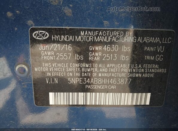 5NPE34AB8HH463877 2017 HYUNDAI SONATA Blue ძრავის განყოფილების ხედი