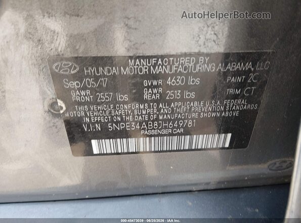 5NPE34AB8JH649781 2018 HYUNDAI SONATA Gray Engine compartment view