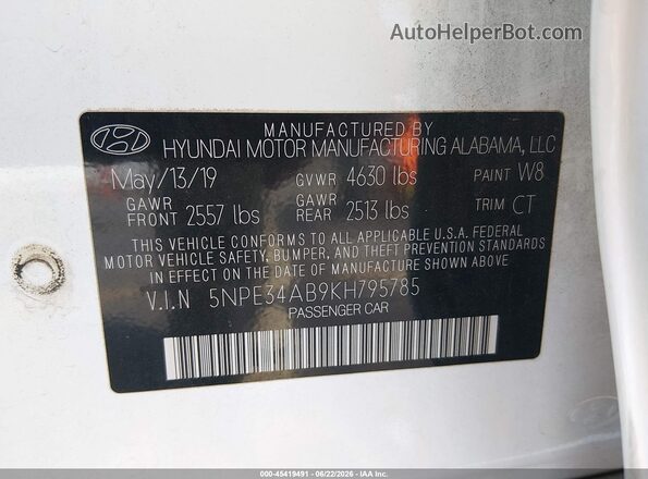 5NPE34AB9KH795785 2019 HYUNDAI SONATA White ძრავის განყოფილების ხედი
