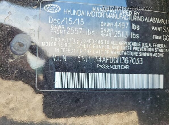 5NPE34AF0GH367033 2016 HYUNDAI SONATA Black Вид підкапотного простору