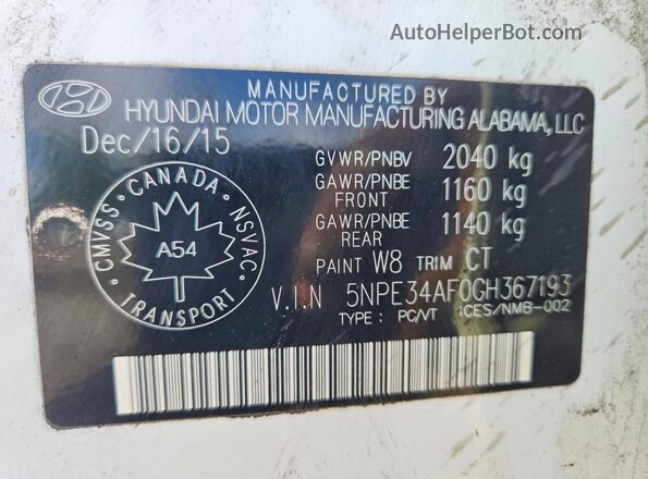 5NPE34AF0GH367193 2016 HYUNDAI SONATA White Vista de la etiqueta del VIN