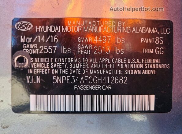 5NPE34AF0GH412682 2016 HYUNDAI SONATA Silver ძრავის განყოფილების ხედი