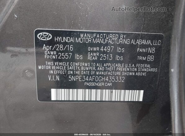 5NPE34AF0GH435332 2016 HYUNDAI SONATA Gray Widok komory silnika