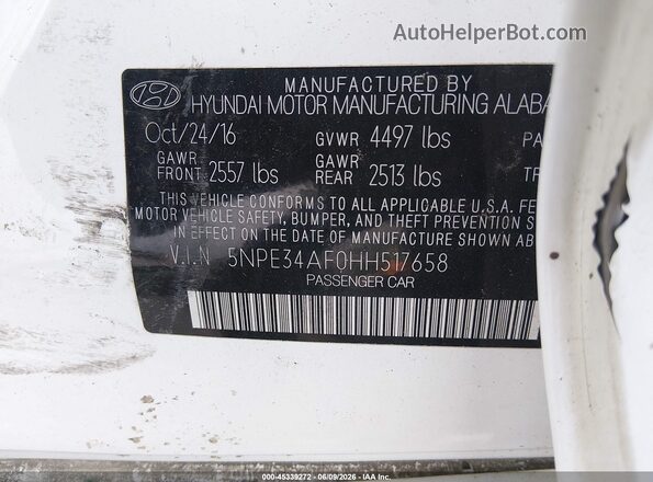 5NPE34AF0HH517658 2017 HYUNDAI SONATA White VIN sticker view