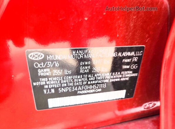 5NPE34AF0HH521113 2017 HYUNDAI SONATA Red ძრავის განყოფილების ხედი