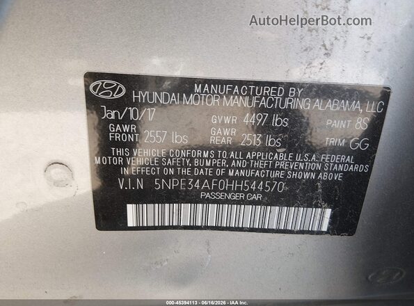 5NPE34AF0HH544570 2017 HYUNDAI SONATA Silver Вид підкапотного простору