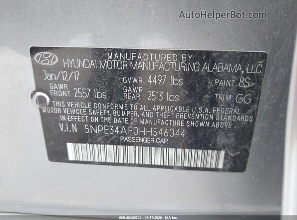 5NPE34AF0HH546044 2017 HYUNDAI SONATA Серебряный Вид подкапотного пространства