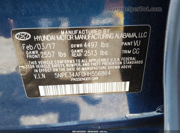 5NPE34AF0HH556864 2017 HYUNDAI SONATA Blue ძრავის განყოფილების ხედი