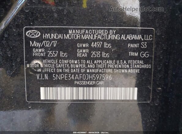 5NPE34AF0JH597596 2018 HYUNDAI SONATA Black Engine compartment view