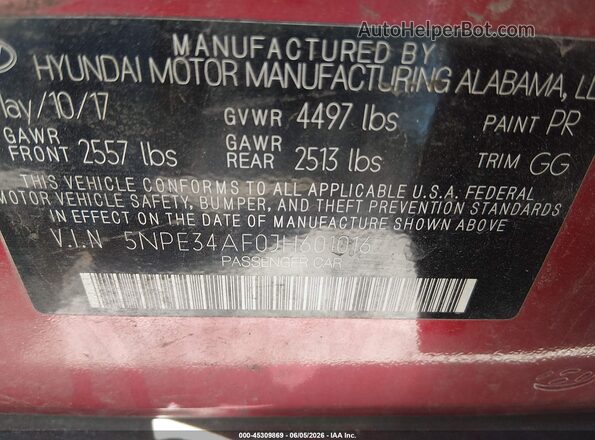 5NPE34AF0JH601016 2018 HYUNDAI SONATA Red Շարժիչի բաժամունքի տեսք