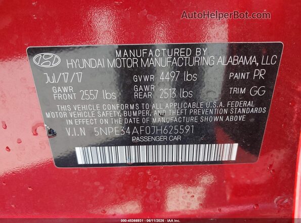5NPE34AF0JH625591 2018 HYUNDAI SONATA Red Vista del compartimento del motor