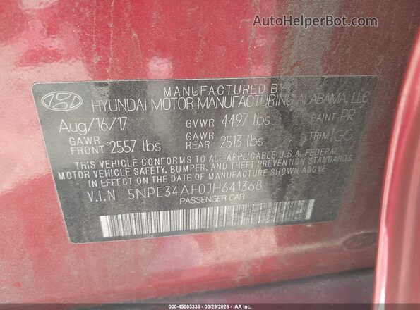 5NPE34AF0JH641368 2018 HYUNDAI SONATA Red Widok komory silnika