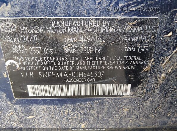 5NPE34AF0JH645307 2018 HYUNDAI SONATA Blue Вид підкапотного простору