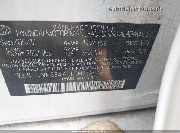 5NPE34AF0JH649972 2018 HYUNDAI SONATA White Engine compartment view