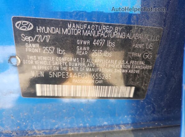 5NPE34AF0JH655285 2018 HYUNDAI SONATA Blue 
