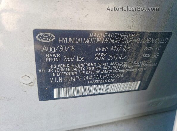 5NPE34AF0KH735994 2019 HYUNDAI SONATA Silver Вид підкапотного простору
