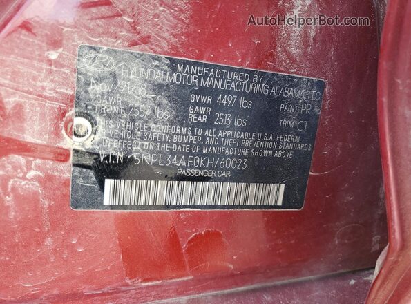 5NPE34AF0KH760023 2019 HYUNDAI SONATA Red 