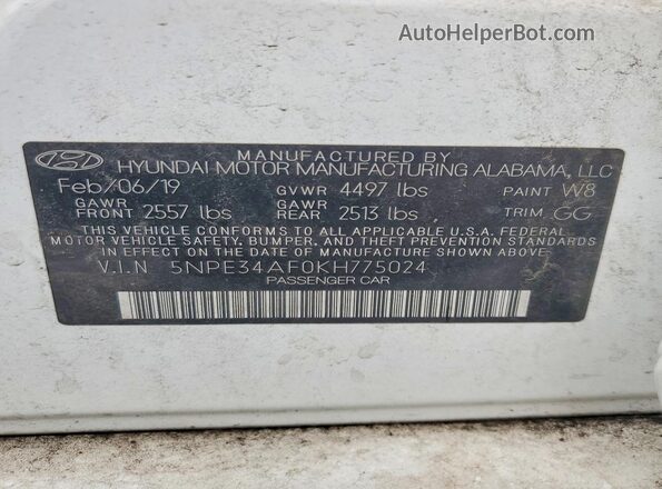 5NPE34AF0KH775024 2019 HYUNDAI SONATA White ძრავის განყოფილების ხედი