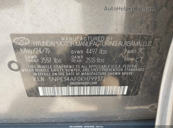 5NPE34AF0KH799372 2019 HYUNDAI SONATA Gray Engine compartment view