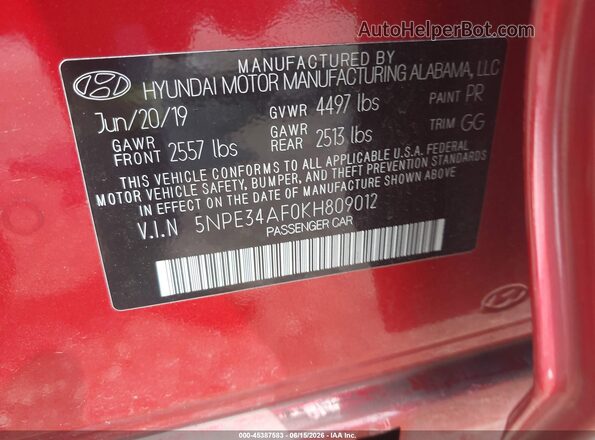 5NPE34AF0KH809012 2019 HYUNDAI SONATA Red Widok komory silnika