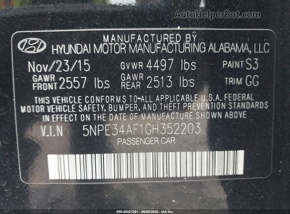 5NPE34AF1GH352203 2016 HYUNDAI SONATA Черный Вид подкапотного пространства