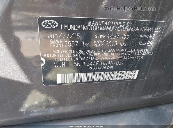 5NPE34AF1HH467031 2017 HYUNDAI SONATA Brown ძრავის განყოფილების ხედი