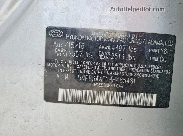 5NPE34AF1HH485481 2017 HYUNDAI SONATA Silver Widok komory silnika