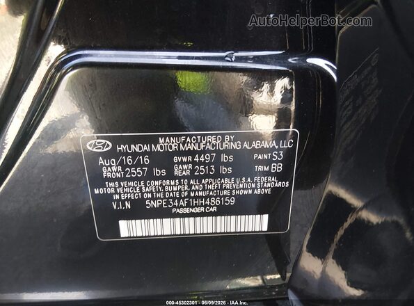 5NPE34AF1HH486159 2017 HYUNDAI SONATA Black Engine compartment view