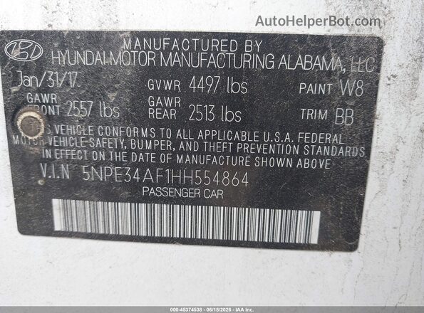 5NPE34AF1HH554864 2017 HYUNDAI SONATA White Vista del compartimento del motor