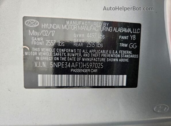 5NPE34AF1JH597025 2018 HYUNDAI SONATA Silver 