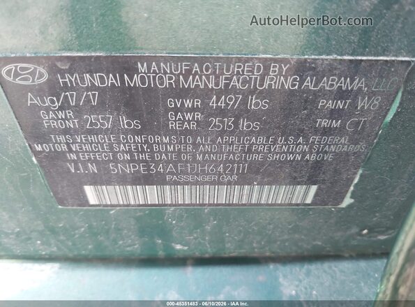 5NPE34AF1JH642111 2018 HYUNDAI SONATA Зеленый Вид подкапотного пространства
