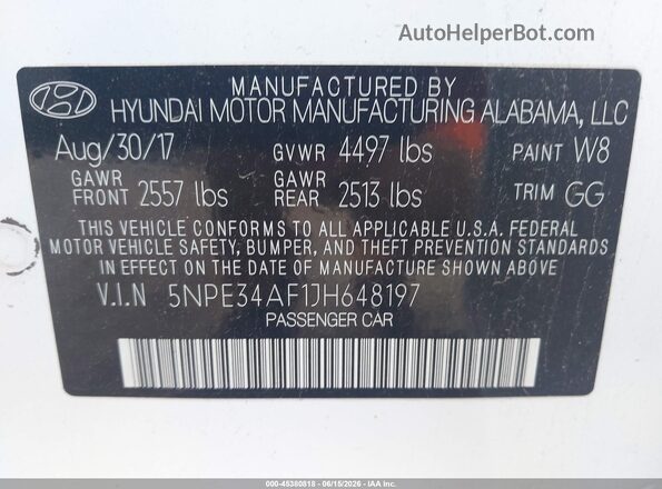 5NPE34AF1JH648197 2018 HYUNDAI SONATA White Engine compartment view