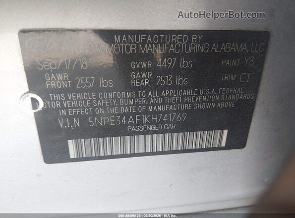 5NPE34AF1KH741769 2019 HYUNDAI SONATA Серебряный Вид подкапотного пространства