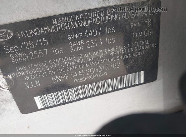 5NPE34AF2GH312762 2016 HYUNDAI SONATA Gray Вид підкапотного простору