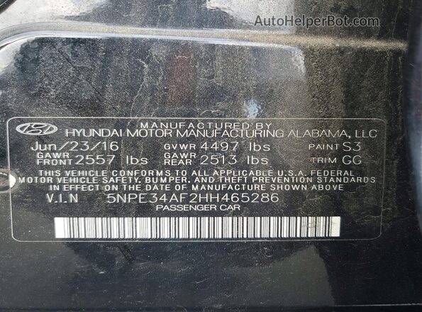 5NPE34AF2HH465286 2017 HYUNDAI SONATA Black ძრავის განყოფილების ხედი