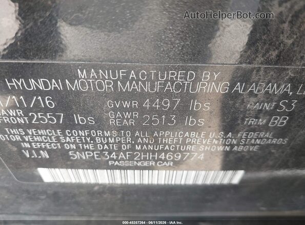 5NPE34AF2HH469774 2017 HYUNDAI SONATA Black Вид підкапотного простору