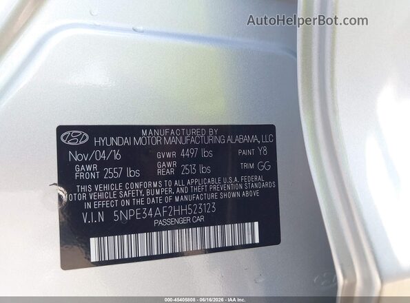 5NPE34AF2HH523123 2017 HYUNDAI SONATA Silver Вид підкапотного простору