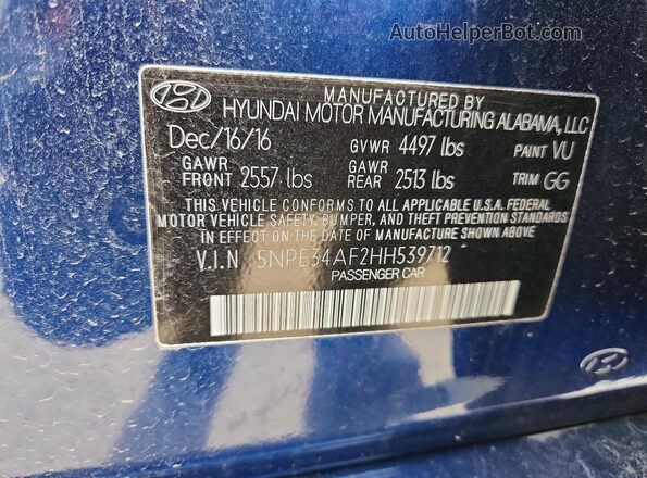 5NPE34AF2HH539712 2017 HYUNDAI SONATA Blue VIN կոդի պիտակի տեսք