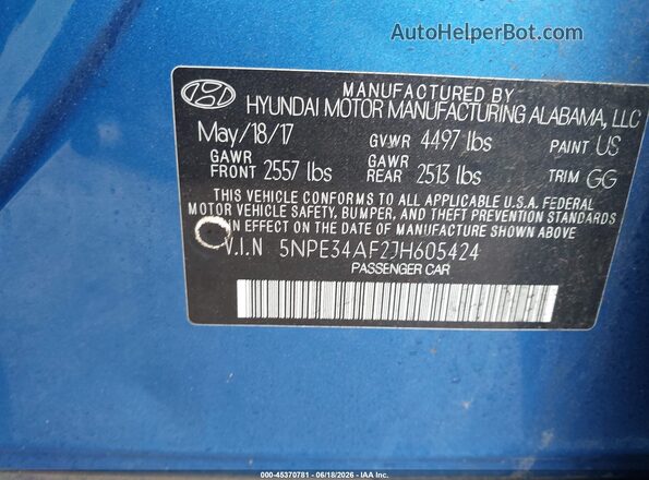 5NPE34AF2JH605424 2018 HYUNDAI SONATA Синий Вид подкапотного пространства