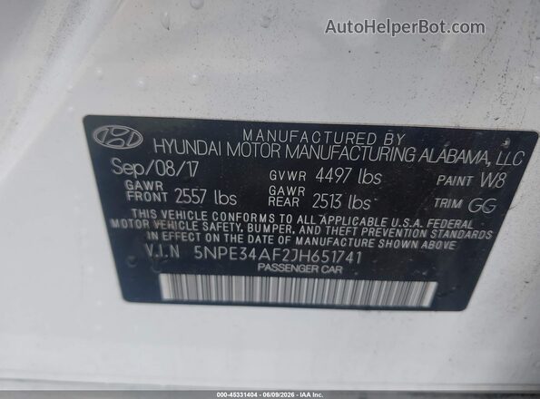 5NPE34AF2JH651741 2018 HYUNDAI SONATA White Շարժիչի բաժամունքի տեսք