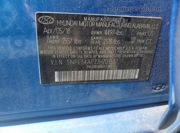 5NPE34AF2JH701537 2018 HYUNDAI SONATA Blue Շարժիչի բաժամունքի տեսք