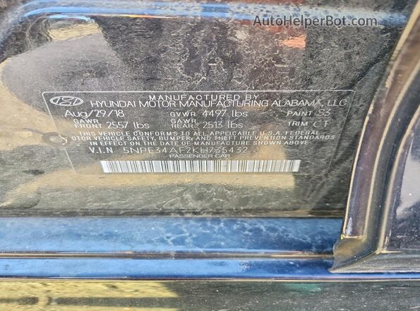 5NPE34AF2KH735432 2019 HYUNDAI SONATA Black ძრავის განყოფილების ხედი