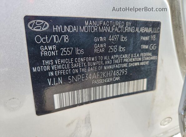 5NPE34AF2KH748293 2019 HYUNDAI SONATA Silver Вид підкапотного простору