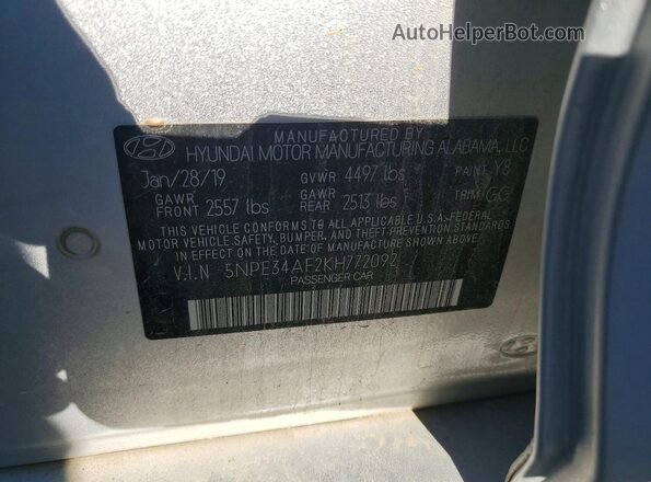 5NPE34AF2KH772092 2019 HYUNDAI SONATA Silver ძრავის განყოფილების ხედი