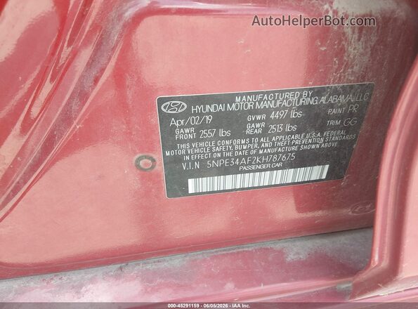 5NPE34AF2KH787675 2019 HYUNDAI SONATA Red Vista del compartimento del motor