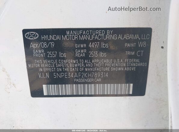 5NPE34AF2KH789314 2019 HYUNDAI SONATA White ძრავის განყოფილების ხედი