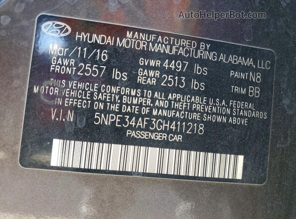 5NPE34AF3GH411218 2016 HYUNDAI SONATA Gray Вид підкапотного простору