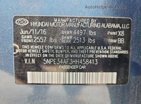 5NPE34AF3HH458413 2017 HYUNDAI SONATA Blue VIN կոդի պիտակի տեսք